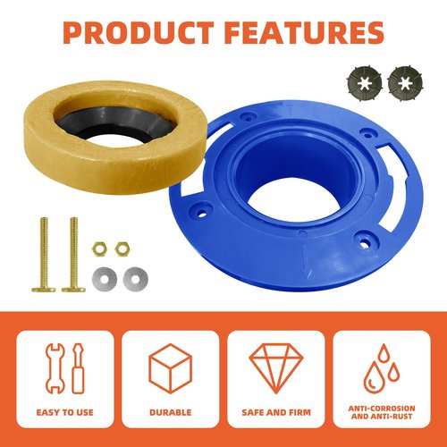 Toilet Flange with Wax Ring for Toilets Replacement Kit, Toilet Flange Wax Seal Ring Repair Kits with Mounting Hardware for 3 inch or 4 inch Pipes, Fit Toilets Install or Leaking