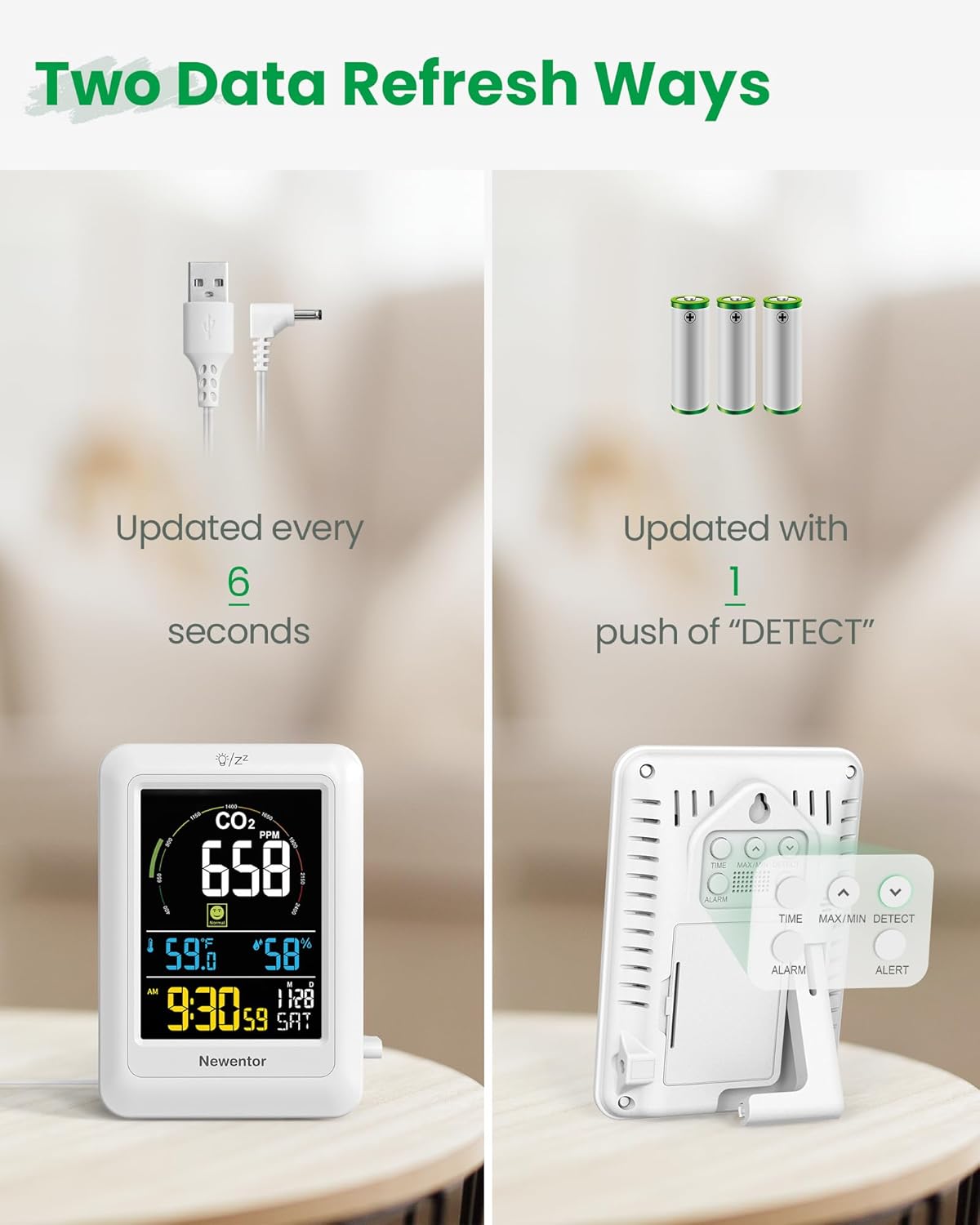 Newentor CO2 Monitor, Indoor Air Quality Meters, Carbon Dioxide Detector with Voice Alert, Large Display CO2 Tester, Temperature Humidity Sensor, Alarm Clock for Home, RV, Grow Tents, Black