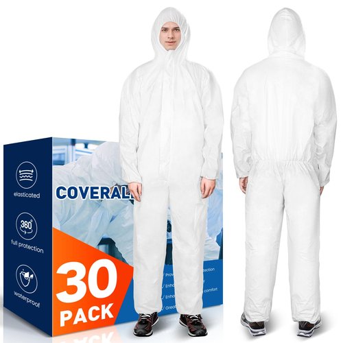 CAREGY 30 Pack Disposable Protective Coveralls, Heavy Duty Full Body Painters Suit for Men & Women with Elastic Wrists, Ankles and Hood, Available in 4 sizes-X-Large