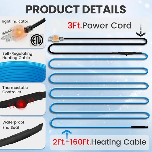 MAXKOSKO 6 Ft. 120 V Heating Cable for Pipe Freeze Protection, Self-Regulating Heat Tape for Water Pipes for Metal and Plastic Pipes, Energy-Saving Heat Trace Cable Keeps Water Flowing at -40 °F
