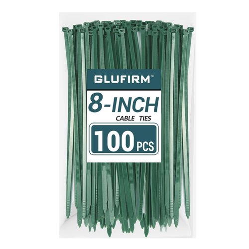 Green Zip Ties 8 inch (100 Pack), 45lb Tensile Strength, Cable Ties for Indoor and Outdoor Use, UV and Cold Resistant Wire Ties for Home, Garden, Fencing, Glufirm