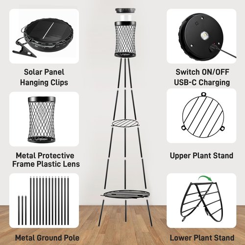 Solar Floor Lamp with Plant Stand - 2 Pack Waterproof Outdoor Lights for Garden, Pathway, Patio - Solar Powered Metal Stake Lanterns for Yard, Porch, Balcony, Backyard (Warm White)