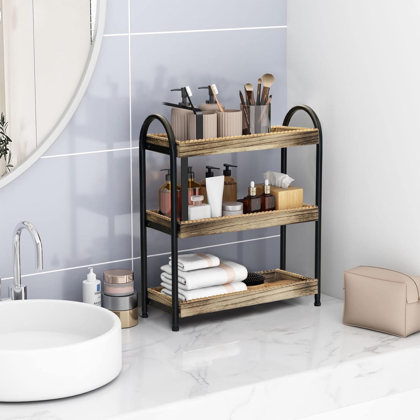 YIJUYO 2-Tier Bathroom Countertop Organizer, Wood Bead Storage Shelf, Mordern Tray, Bathroom Shelf and Decor, Vanity Tray for Living Room, Kitchen (3 Tier)