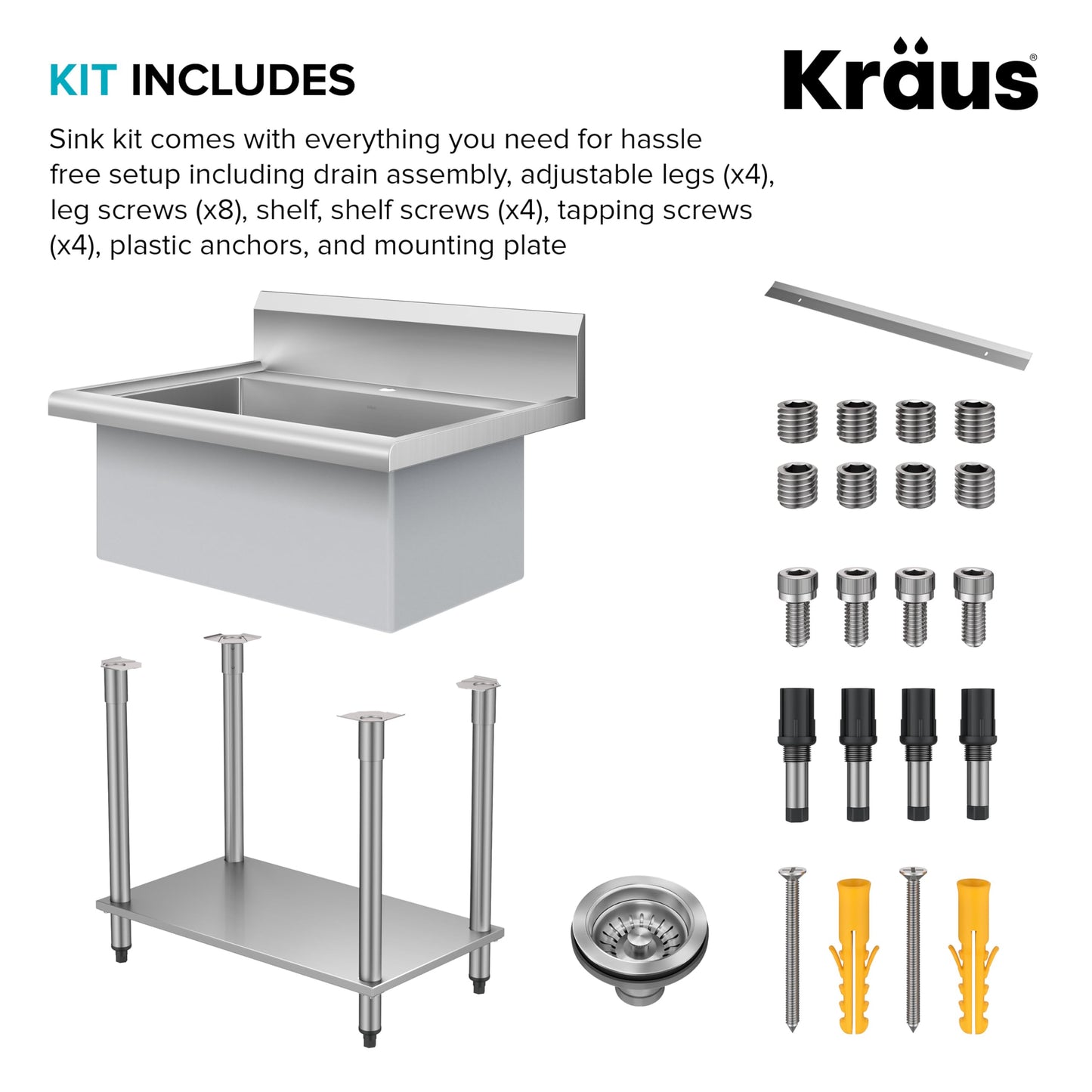 KRAUS Standart Pro 32 Inch 18-Gauge Stainless Steel Scullery Sink, 24 Gallon Freestanding Commercial Style Single Bowl Laundry & Utility Sink, KHS230-32