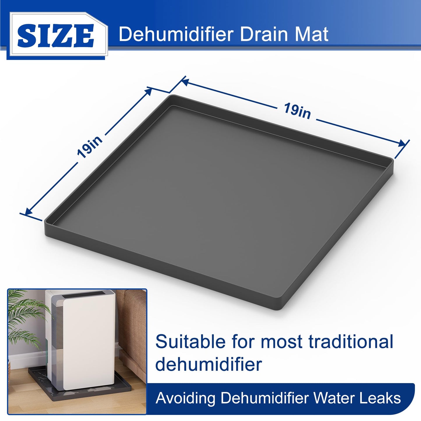 Wintcomfort Dehumidifier Mat for Home Dehumidifiers, Large Dehumidifier Drain Pan Prevent Leaks, Waterproof Silicone De humidifier Drain Tray Protect From Appliance Leaks Water Spills, Black, 19"x19"