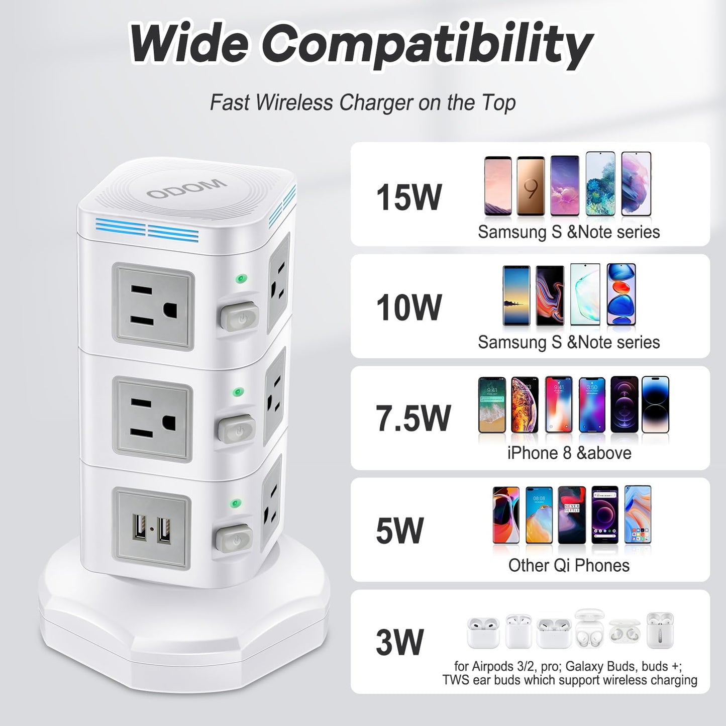 Power Strips Surge Protector 1800J, ODOM Power Strip Tower with 15W Wireless Charger, 13A,4 USB Ports + 10 AC Outlets + 6 Ft Retractable Extension Cord,Plug Outlet Charging Tower for Home Office