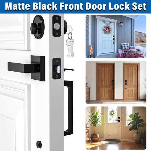 Matte Black Front Door Handle and Single Cylinder Deadbolt Combo Set, Black Exterior Door Lever, Heavy Duty Modern Front Door Lock Set, Reversible for Right & Left