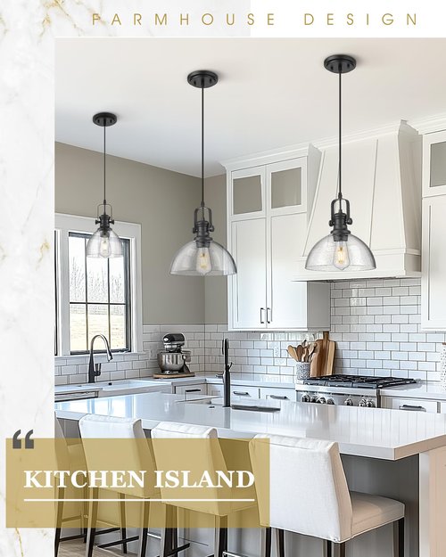 Audickic 2 Pack Pendant Lights Kitchen Island, 7.5" Black Pendant Lighting with Clear Seeded Glass Shade, Farmhouse Hanging Light Fixtures for Dining Room, AD-22151-1P2-BK