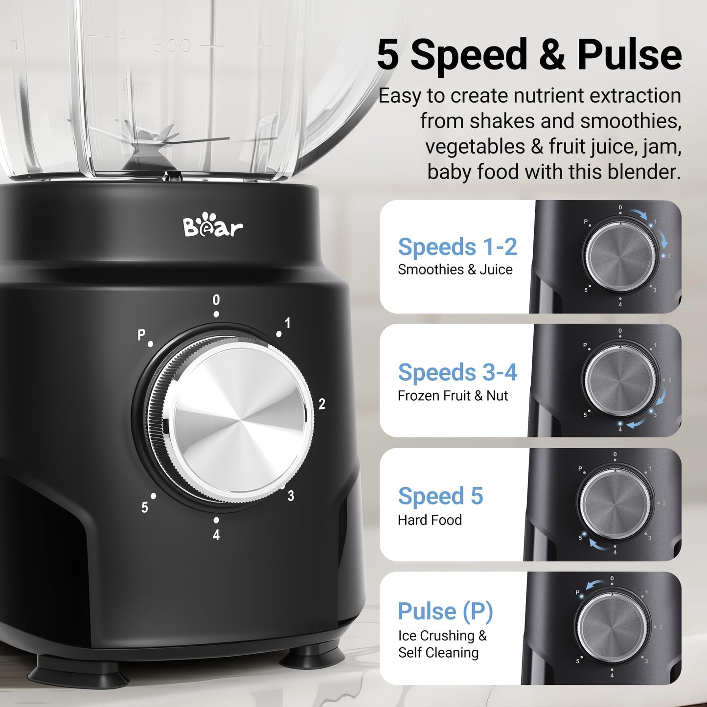 Bear 800W 6-Speed Blender, Smoothie Blender for Kitchen with 50oz(1.5L) BPA-Free Cup/Suction Feet/Feeding Hole/10 blades, Countertop Blender for Smoothies, Crush Ice, Frozen Fruit, Juice and Puree