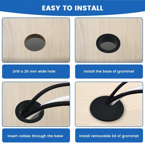 SDTC Tech 3-Pack 1 inch Desk Hole Wire Grommet Black Plastic Cable Cord Cover Organizers