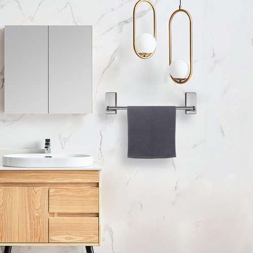 NearMoon Self Adhesive Bathroom Towel Bar- Stainless Steel Bath Wall Shelf Rack Hanging Towel Stick On Sticky Hanger Contemporary Style, NO Drilling (1 Pack, Brushed Nickel, 16-Inch Towel Rack)