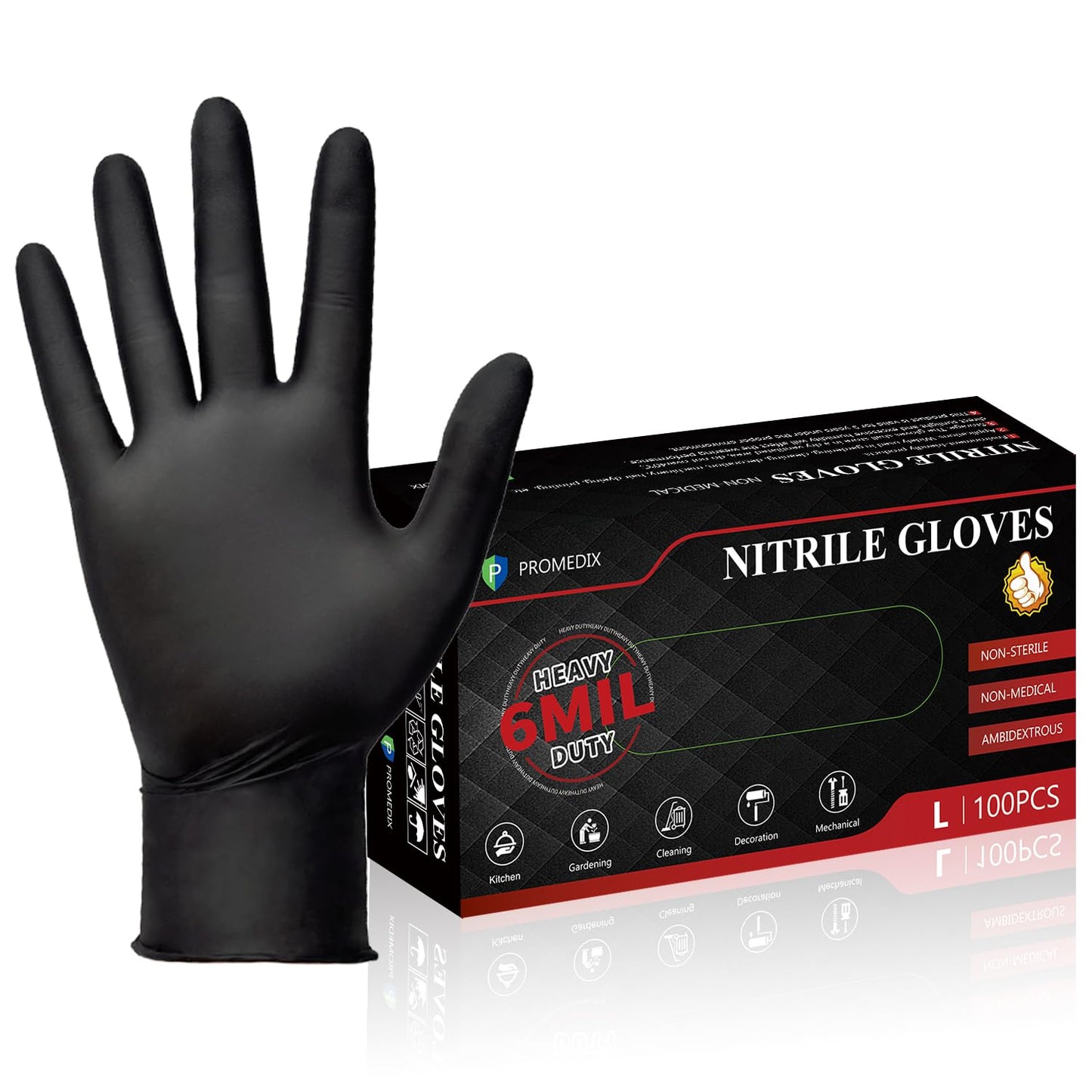 PROMEDIX P Heavy Duty Nitrile Gloves,6mil-100 Count,Black Disposable Cooking Gloves,Latex Free,Powder Free