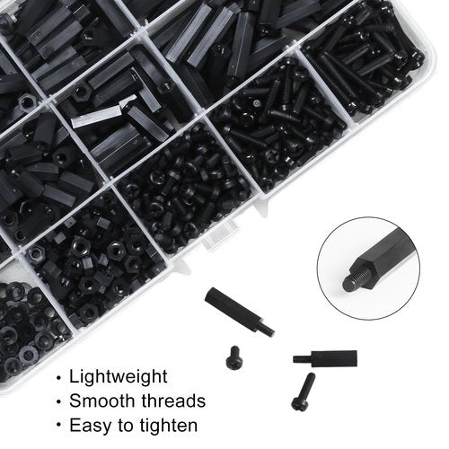 600PCS M3 Male Female Nylon Hex Spacer Standoffs Screws Nuts, Motherboard Standoffs and Screws Assortment Kit, Threaded Pillar for Circuit Board PCB Motherboard (Black)