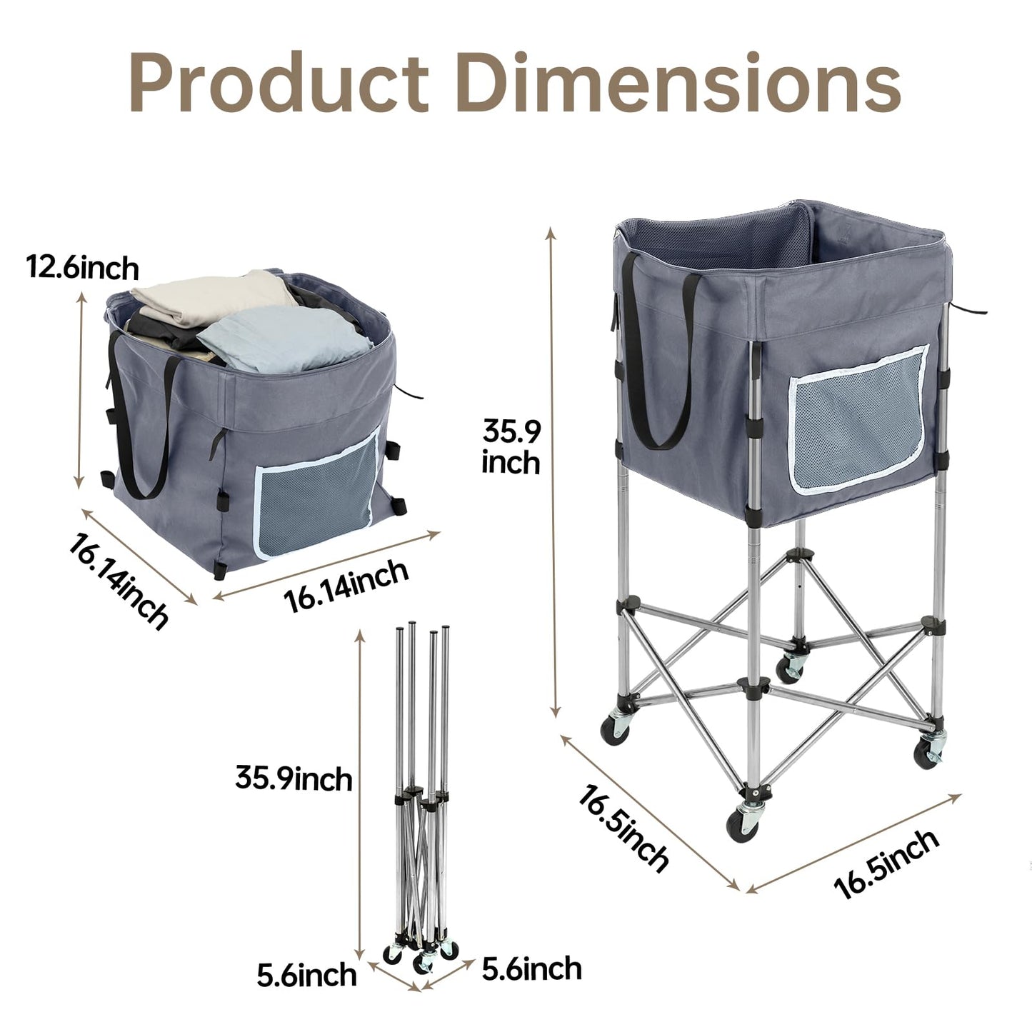 TAIALPHAYI 35.9" Tall Laundry Cart with Wheels, No-Bend Rolling Laundry Basket, Stable Stainless Steel Frame, Collapsible Laundry Hamper for Bathroom, Dorm & Bedroom, 600D Washable Bag – Grey
