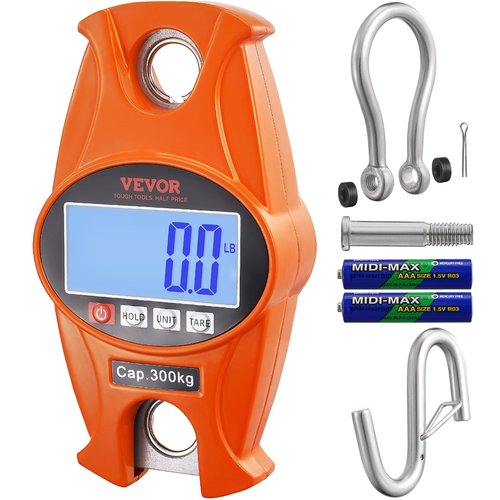 VEVOR Digital Crane Scale, Industrial Heavy Duty Hanging Scale with Cast Aluminum Case & LCD Screen, Handheld Mini Crane Scale with Hooks for Farm, Hunting, Fishing, Outdoor, 660 lbs/300 kg (Orange)