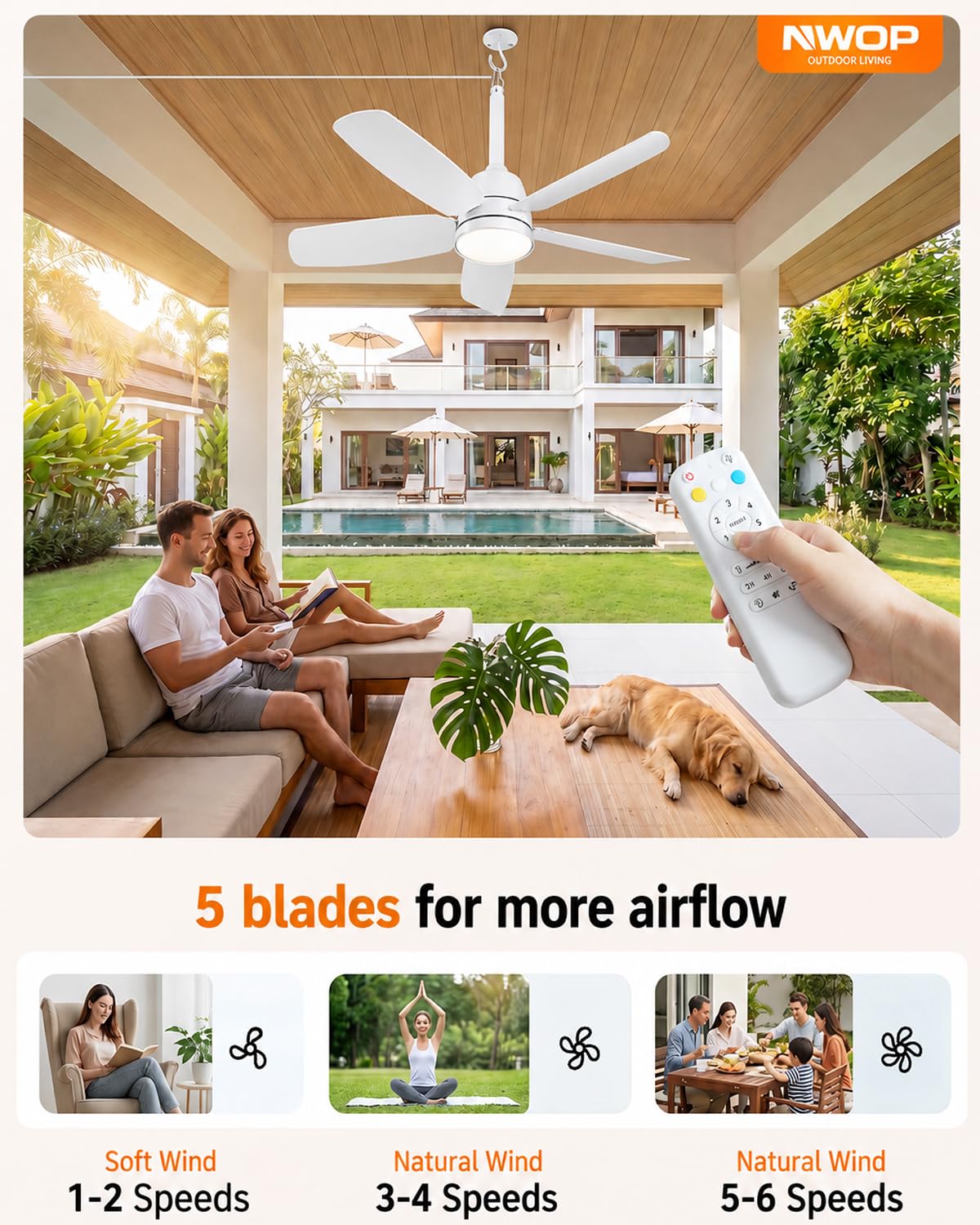 NWOP 28 Inch Plug-In Outdoor Ceiling Fan with Light and Remote, Waterproof Small Ceiling Fan for Patio Porch Balcony, 5 Blades Quiet Compact Ceiling Fan for Small Spaces, White