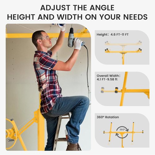 Elevon 11FT Drywall Lift Panel Hoist Jack Lifter, 150LBS Heavy Duty Sheetrock Lift, Rolling Caster Wheels, Lockable Construction Tools, Adjustable Telescopic Arm, Yellow
