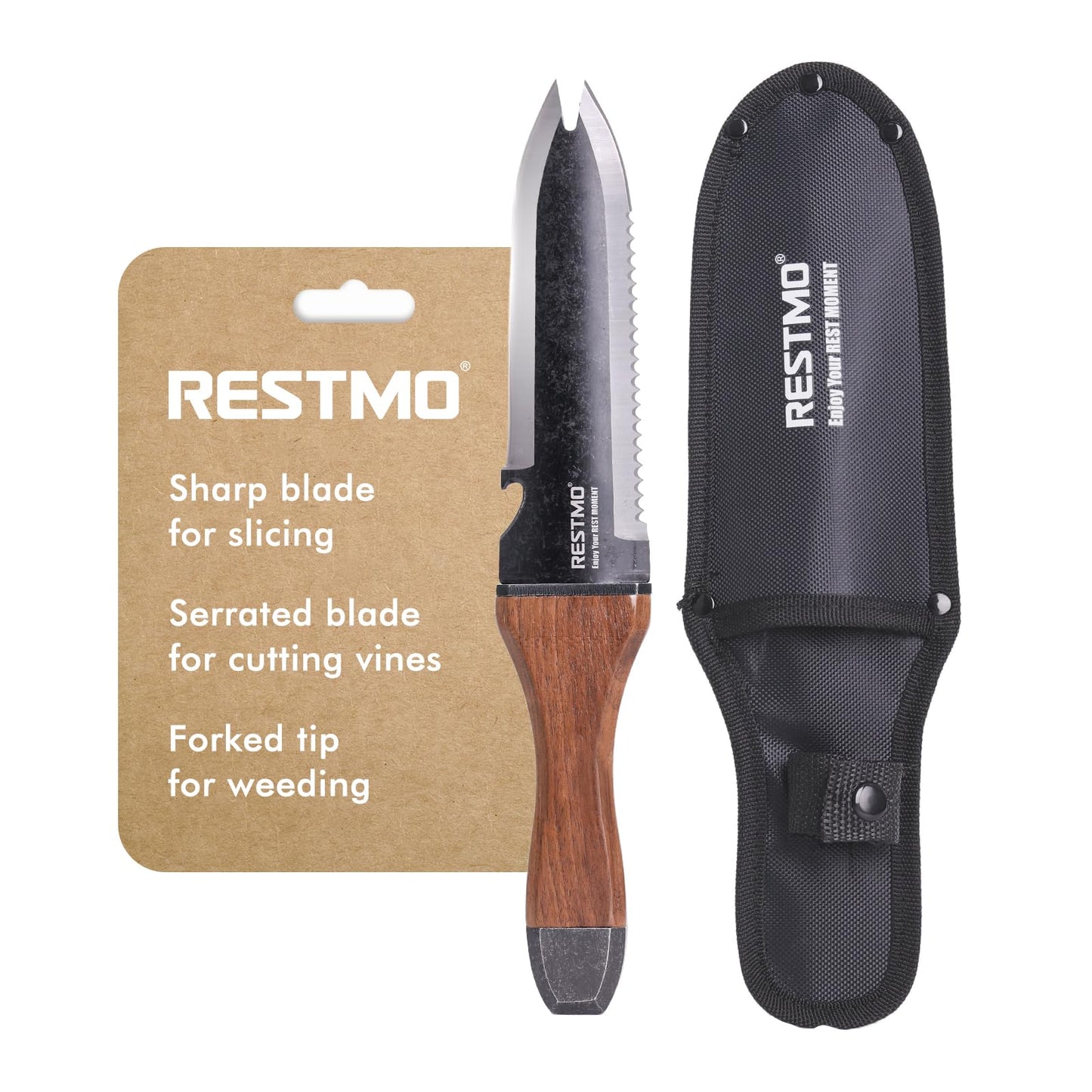 Restmo Professional Hori Hori Garden Knife with Sheath, Heavy Duty High-Strength Stainless Steel Dual-Edge with Depth Gauge, Full-Tang Design & Ergonomic Walnut Handle for Gardening & Farming