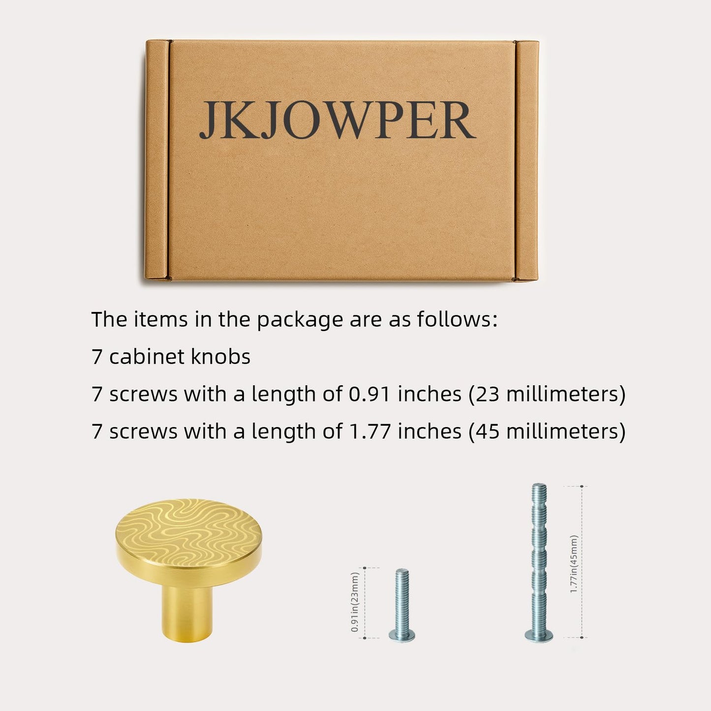 JKJOWPER 7-Pack 1 Inch Solid Brass Knobs - Round Brushed Gold Cabinet Knobs for Kitchen & Bathroom, Elegant Engraved Pattern, 2 Screw Sizes Included