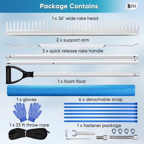 Floating Weed Lake Rake, 36" Aluminum Landscape Rake with Adjustable Handle, 33FT Rope & Float, Weed & Algae Removal of Leaves, Floating Scum, Multifunctional Detachable Aquatic Weed Rake with Gloves