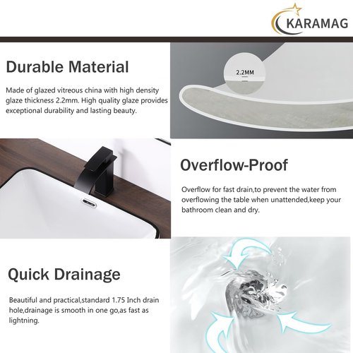 KARAMAG Bathroom Vessel Sink 20.6'' x 14.7'' Semi Recessed Bathroom Sink Rectangular Drop-in Vanity Sink with Overflow White with Black Rim Ceramic Modern Art Basin
