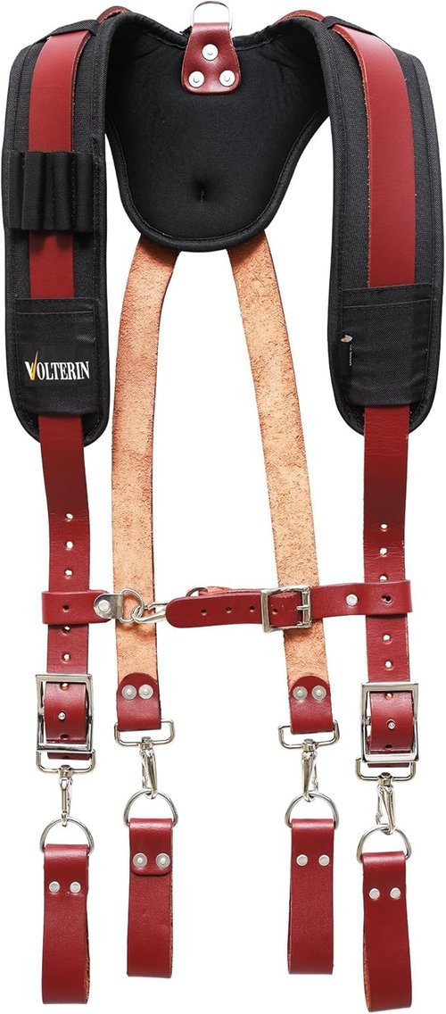 Leather Tool Belt Suspenders for Men – Adjustable Heavy Duty Work Harness with Padded Support for Construction & Electricians (Maroon)