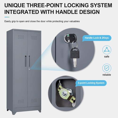 LUCYPAL Metal Broom Storage Cabinet with Shelves and Lock,Broom Closet Storage Cabinet with Hanging Rods for Mops,65" H Cleaning Tool Storage Cabinet for Utility Room,Garage,Laundry Room,Grey