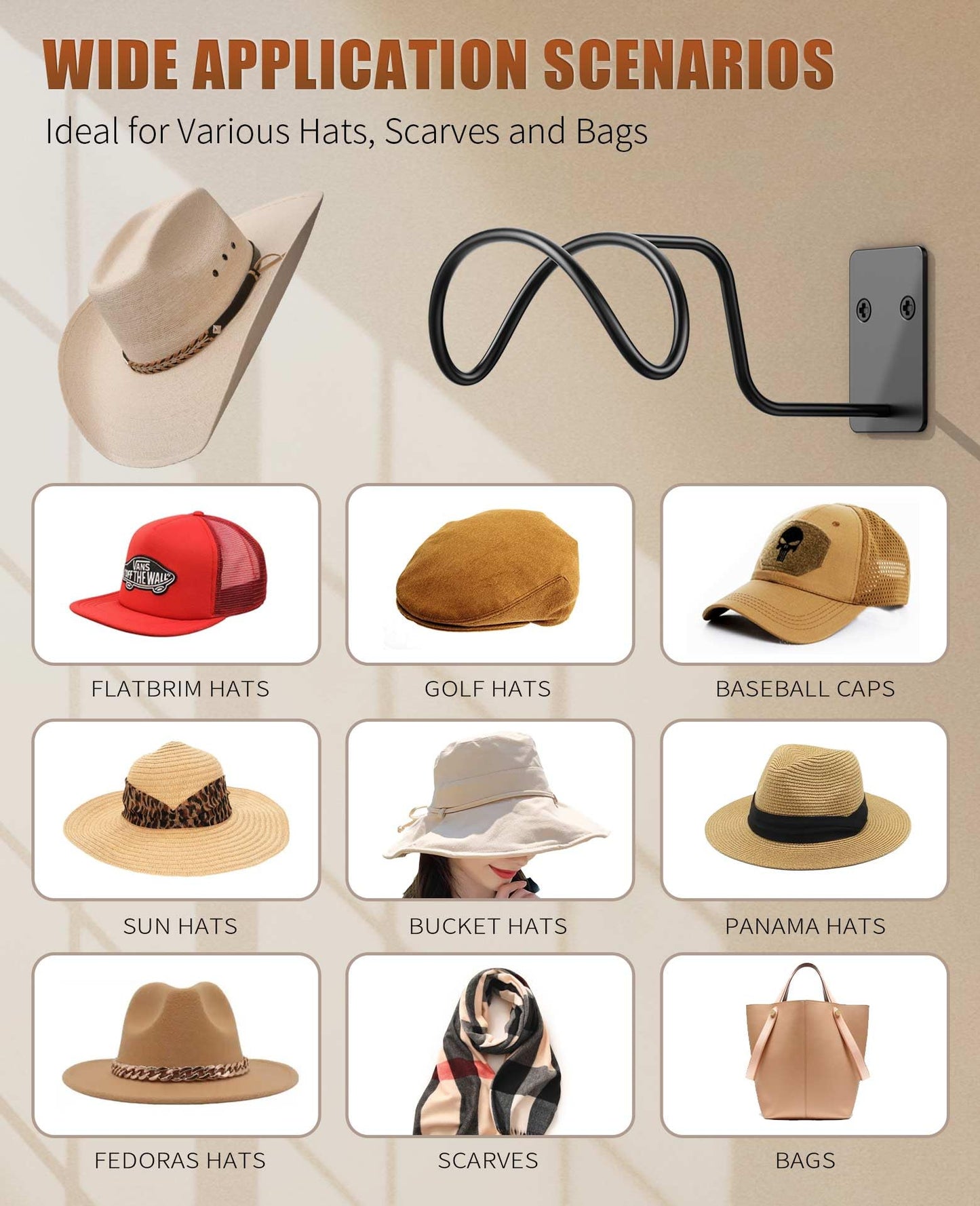 Livelab Cowboy Hat Holder, (4 Pack) Cowboy Hat Rack for Wall Mount, Metal Hat Organizer Storage Cowboy Hats Hanger Hooks for Fedora, Sun Hats, Wide Brim