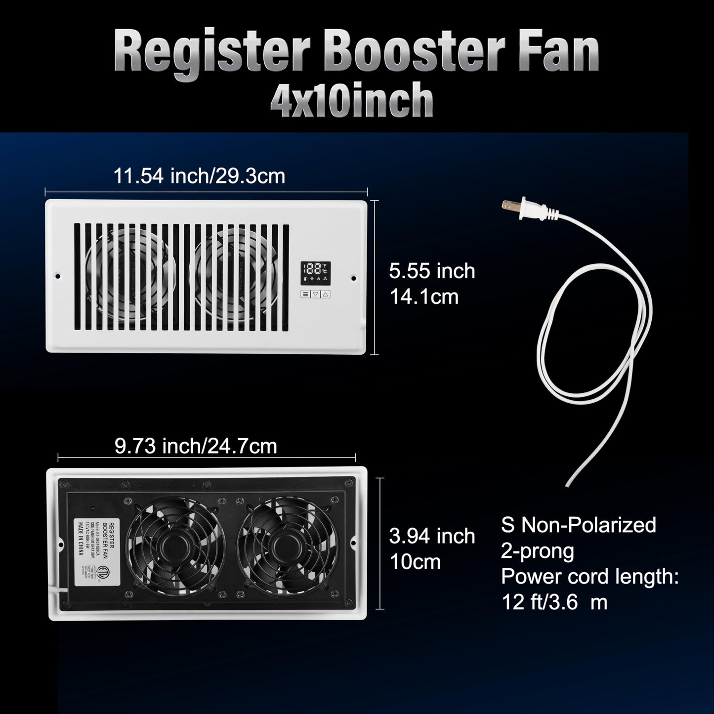 Xcity Quiet Register Booster Fan, Intelligent 4"x10" Vents, 10-speed, Air Vent Fan with Remote Control & Thermostat, Smart LED Display Ideal for HVAC, Integrated Heating & Cooling, White