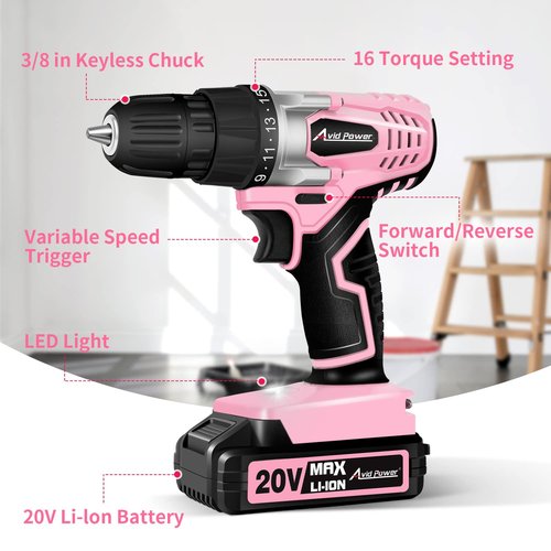AVID POWER 20V MAX Lithium lon Cordless Drill Set, Power Drill Kit with Battery and Charger, 3/8-Inch Keyless Chuck, Variable Speed, 16 Position and 22pcs Bits (Pink)