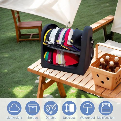 BRATEAYA Large Hat Bag for Baseball Caps, Portable Hat Organizer Carrier for Travel, Hat Storage Box Holder for 24 Snapback Caps, Baseball Cap Traveling Case for Men, Black, and Gift Hat Hooks