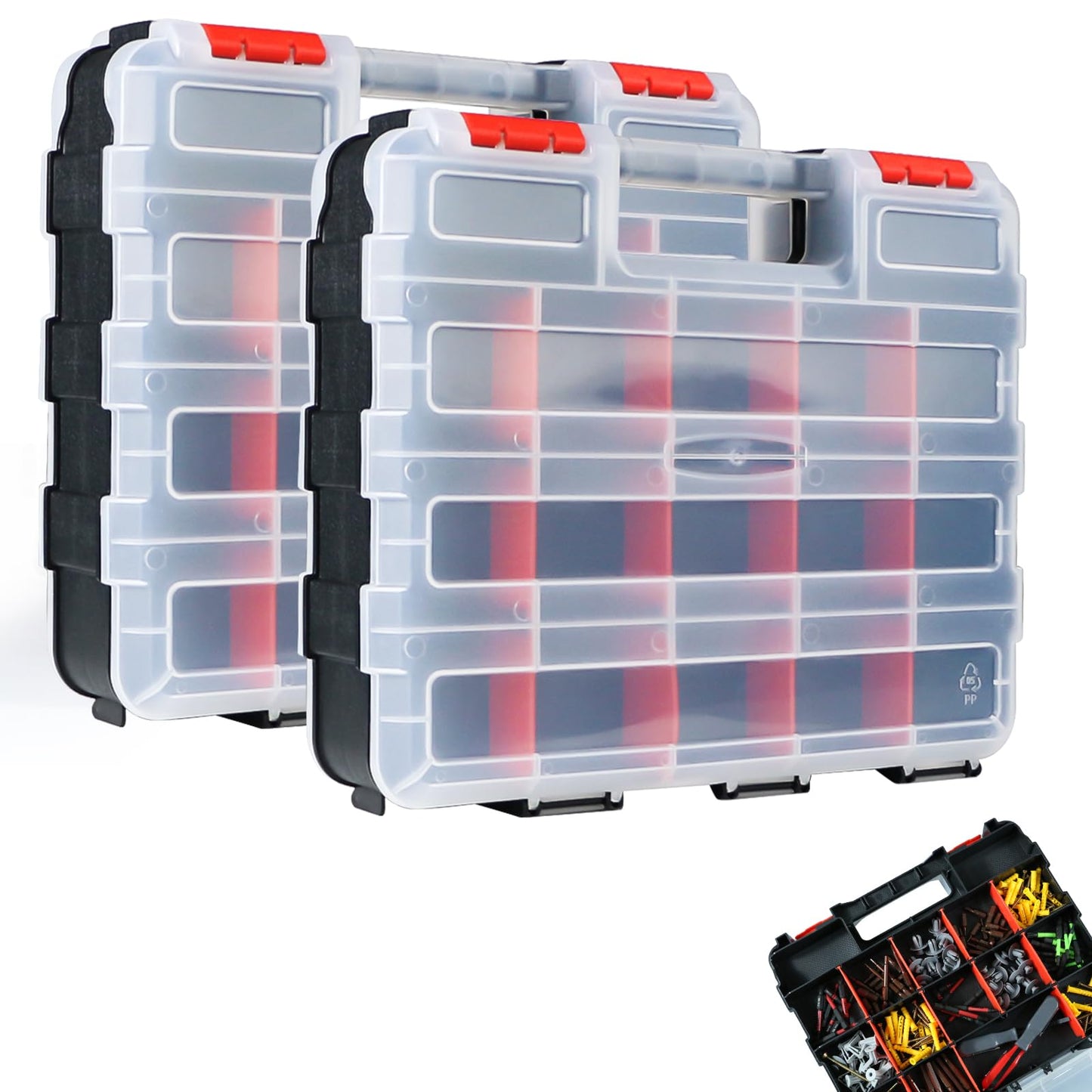 AMM Tool Box, Double Side Tool Box Organizer with 34 Compartments, Removable Dividers, Tackle Box Small Parts Screw Hardware Organizer for Screws, Nuts, Nails and Bolts (2 Piece, Red)