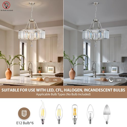 peskoe Modern Crystal Chandeliers Round 6-Light Large Brushed Nickel Pendant Lighting Fixture for Dining Room Living Room Kitchen Island Bedroom Hallway Hall Foyer, 21.7"