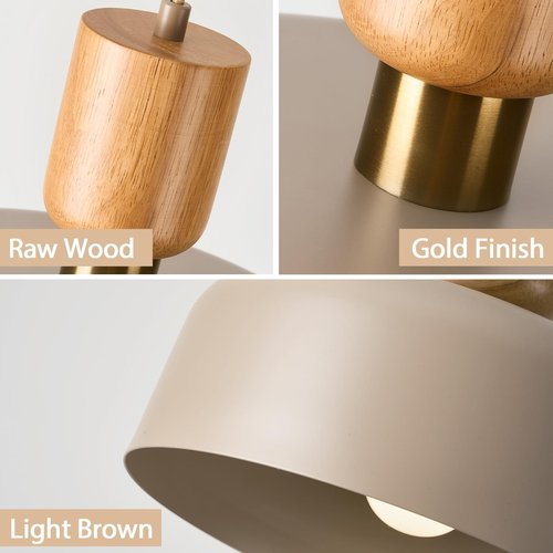 TeHenoo Contemporary Pendant Lights with Wood Cap, Brass Accent, 12 inch Light Brown Metal Shade,for Kitchen, Dining Room, Cafe