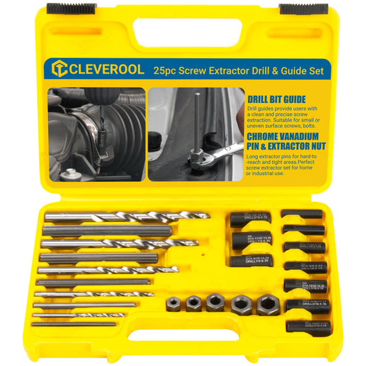 CLEVEROOL Broken Bolt Extractor, 25-Piece Drill Bit Extractor Set,Easy Out Drill Bit Guides,Drill Extractor Kit for Removing Stripped,Damaged,Rusted, Rounded-Off Bolts, Automotive Nuts & Screws