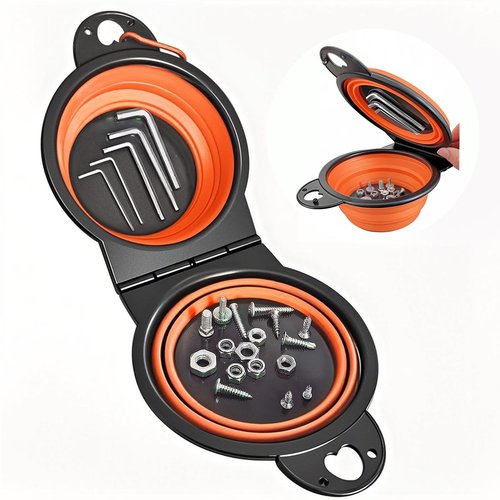 Collapsible Magnetic Parts Tray Set, Foldable Magnetic Trays, Integrated 5.1" Round Dual Silicone Bowls, Multi-Use Nuts And Bolts Organizer, Bonus Hanging Hook for On-the-Go Carry(Orange)