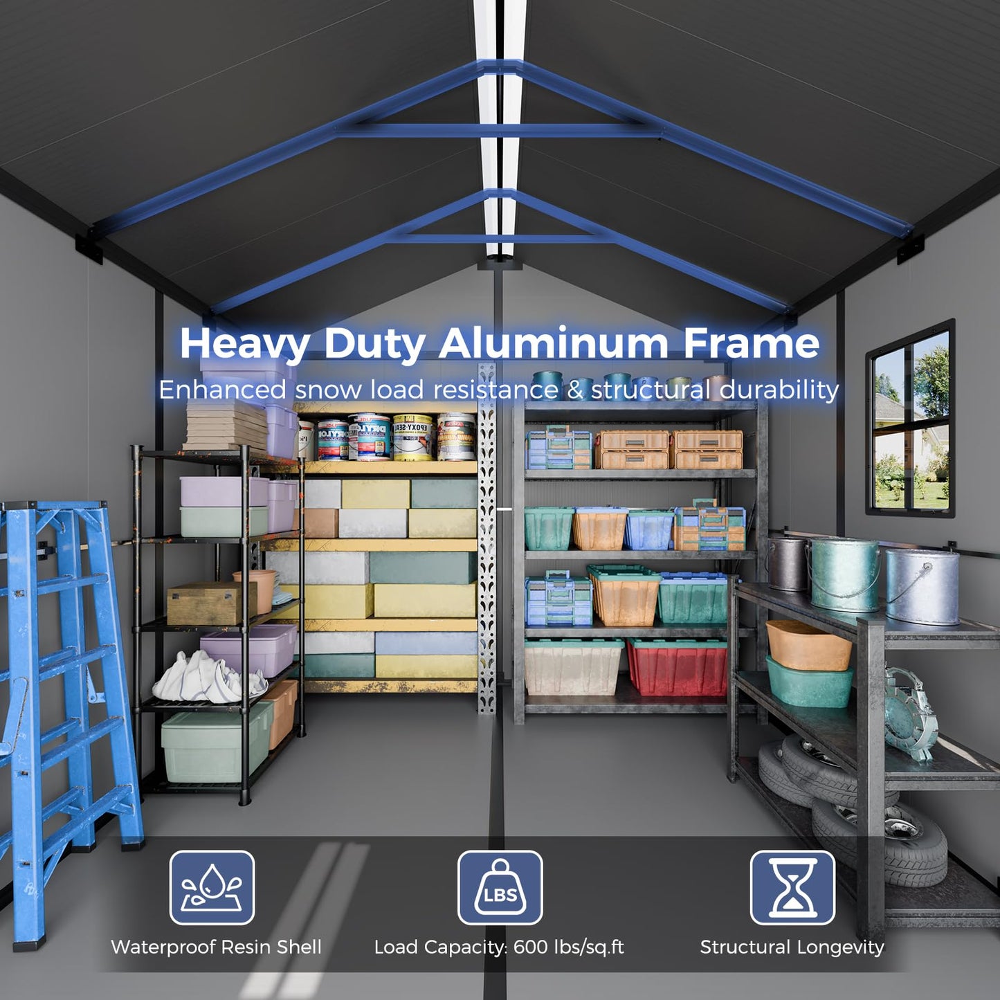 CDCASA 8x6x7 FT Resin Shed with Floor Included, Steel‑Reinforced Large Waterproof Outdoor Storage Sheds with Base & Lockable Door & Window & Vents, Outside Plastic Tool for Outside Patio Backyard