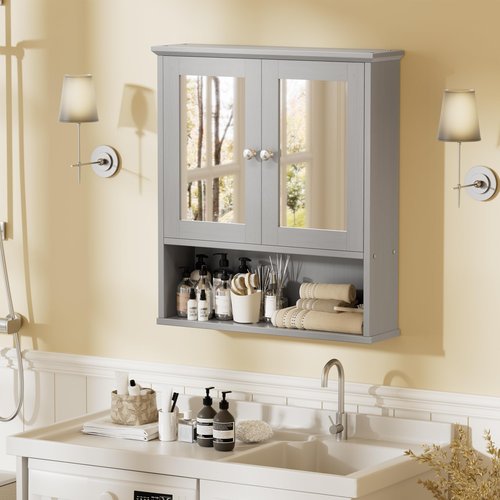 Walsunny Medicine Cabinet Mirror with Storage, Wood Bathroom Wall Cabinet with 2 Vanity Mirror Door and Adjustable Shelfs Wall Mounted for Rv Bathroom Restroom Kitchen, Gray