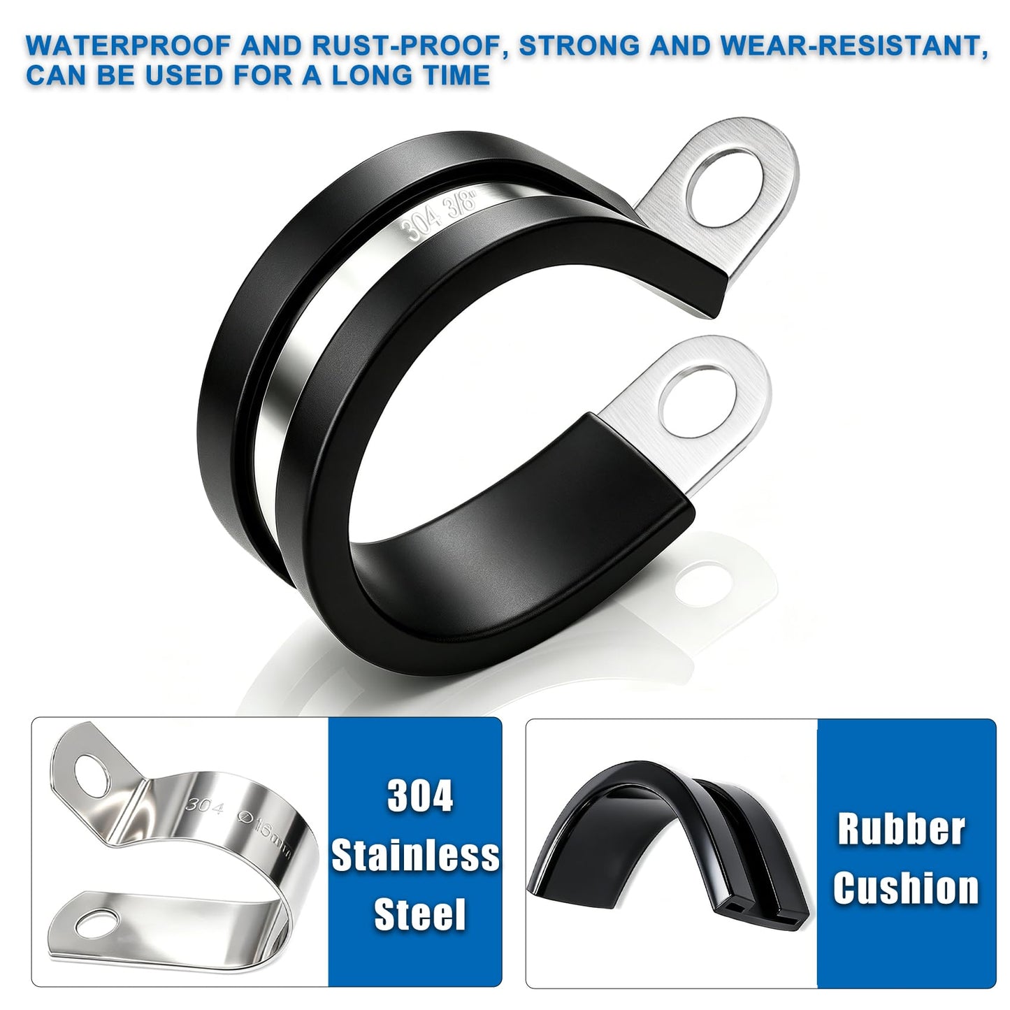 Taiss 50PCS 3/8 Inch Cable Clamps 304 Stainless Steel Rubber Cushion Insulated Wire Clamps,Pipe Clamps,Loop Clamps,Hose Clamp,Metal Rubber Clips With Two Kinds Of Screws(10mm) F-098-10mm