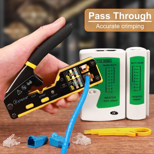 Kyrene RJ45 Crimp Tool, Ethernet Crimping Tool Kit, Cat5 Cat5e Cat6 Crimping Tool Kit with RJ45 Pass Through Connectors