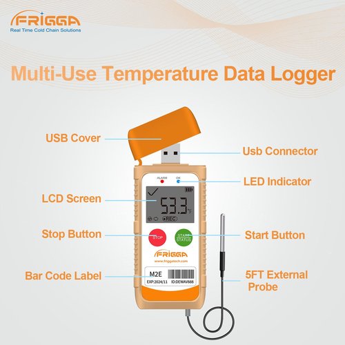 Frigga M2E Reusable Temperature Data Logger with External Probe Multi-Use Digital Refrigerator Thermometer USB 14400 Points High Accuracy Temperature Recorder PDF CSV Report