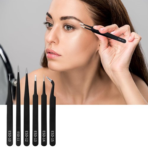 6-Piece Stainless Steel Precision Tweezers Set - ESD Safe Anti-Static Tips for Electronics, Jewelry & Lab Use with Storage Case