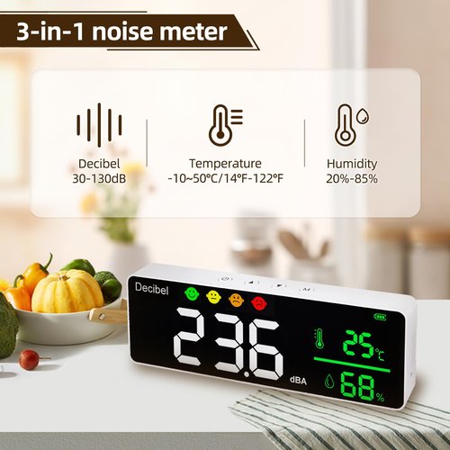 Sound Decibel Meter Wall, Sound Level Meter Wall Hanging, Classroom Noise Meter, 30-130db Decibel Meter Sound, Large LED Display Noise Temperature Humidity Meter for Classroom, Studio, Home, Factory