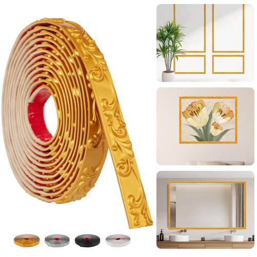 16.4FT x 1.02'' Gold Crown Molding Trim Peel and Stick – Flexible Decorative Mirror Frame Border, Self-Adhesive Trim for Doors & Cabinets