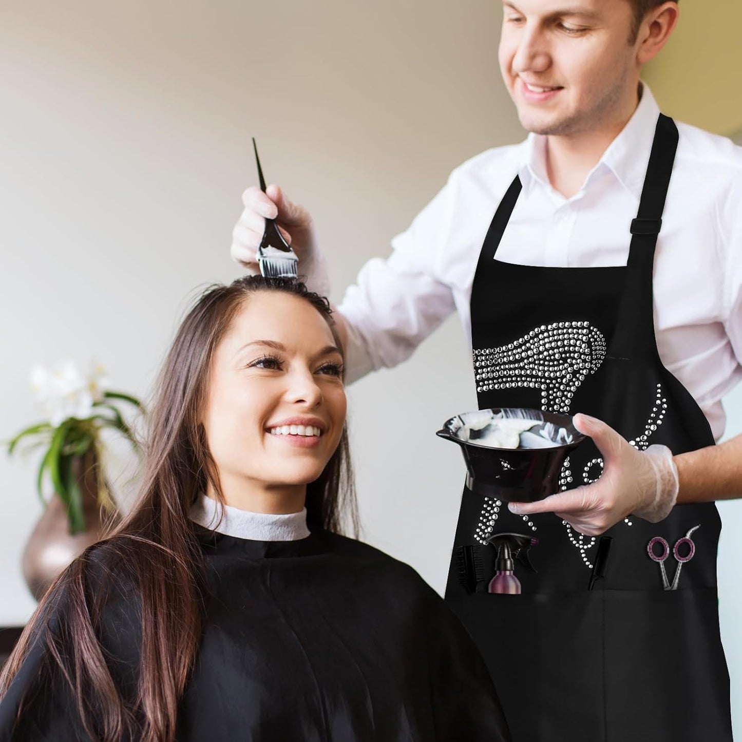 Coume 2 Pcs Hair Stylist Apron Hairstylist Salon Apron with Rhinestone Tools 3 Pockets Waterproof Hairdresser Barber