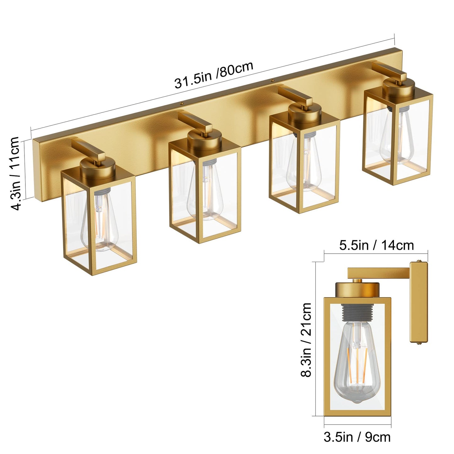 Aipsun Gold Bathroom Light Fixtures 4 Light Vanity Light Bathroom Farmhouse Lighting Fixtures Industrial Vanity Light (Exclude Bulb)
