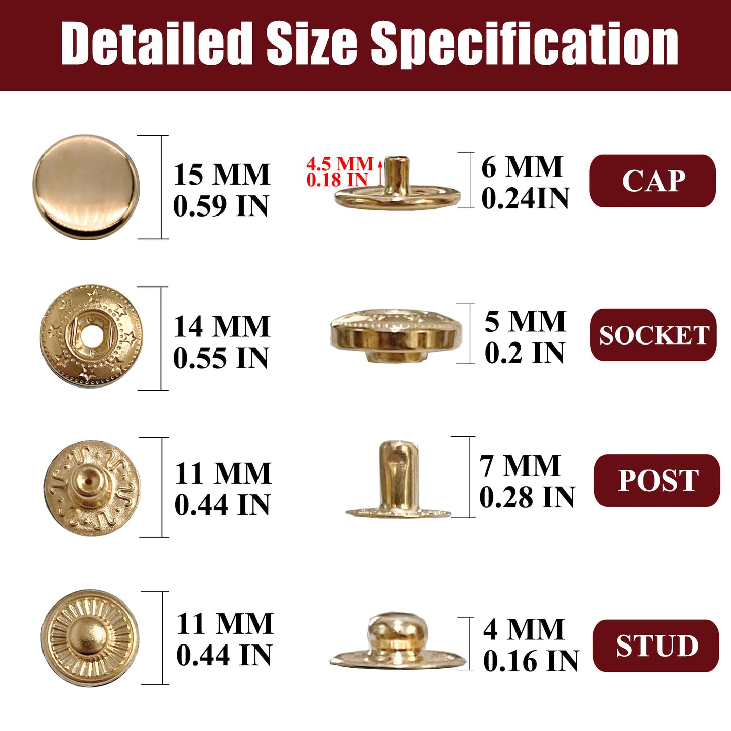 Raydodo 12 Set Leather Snap Fasteners Kit, 15mm Metal Snap Buttons Kit Press Studs with 4 Install Tools, Rivets and Snaps for Clothing, Jeans, Jackets, Bracelets, Bags (Gold)