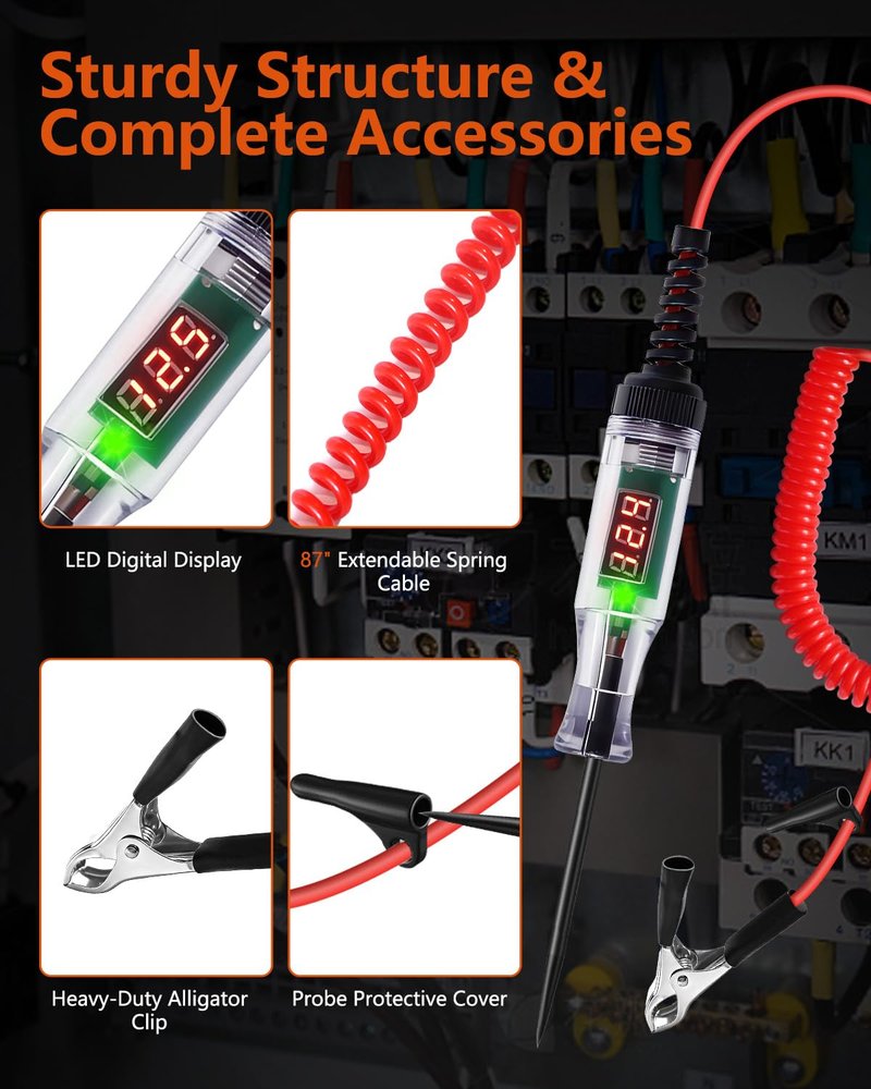 Automotive Test Light 3-48V Digital LED Voltage Tester, Car Circuit Tester with Polarity Indicator, 87" Spring Cable & Stainless Steel Probe for Car RV Truck Fuse Battery Detection
