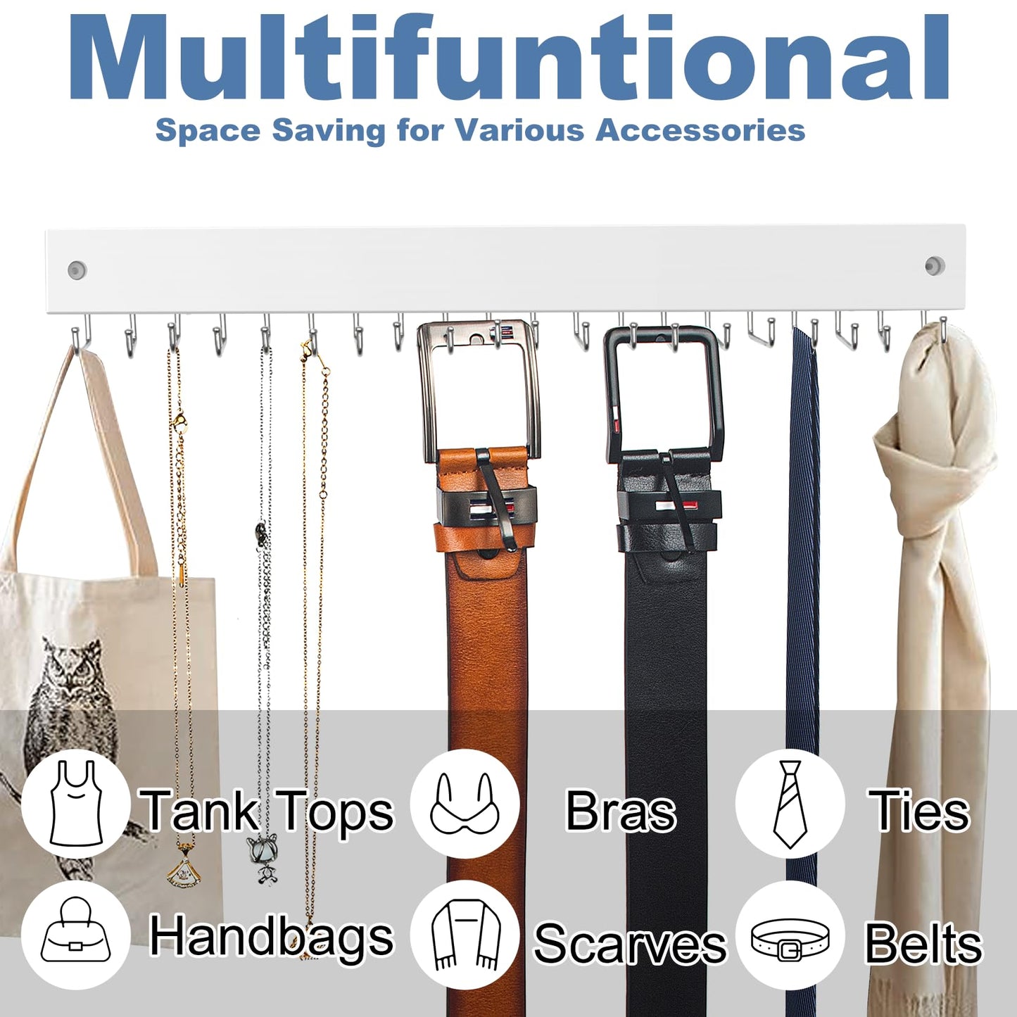 Tie Rack Wall Mounted, Belt Rack Tie Organizer for Men with 20 Storage Hooks, Non Slip 180 Degree Rotating Tie Holder Belt Hanger for Closet/Wall Mount