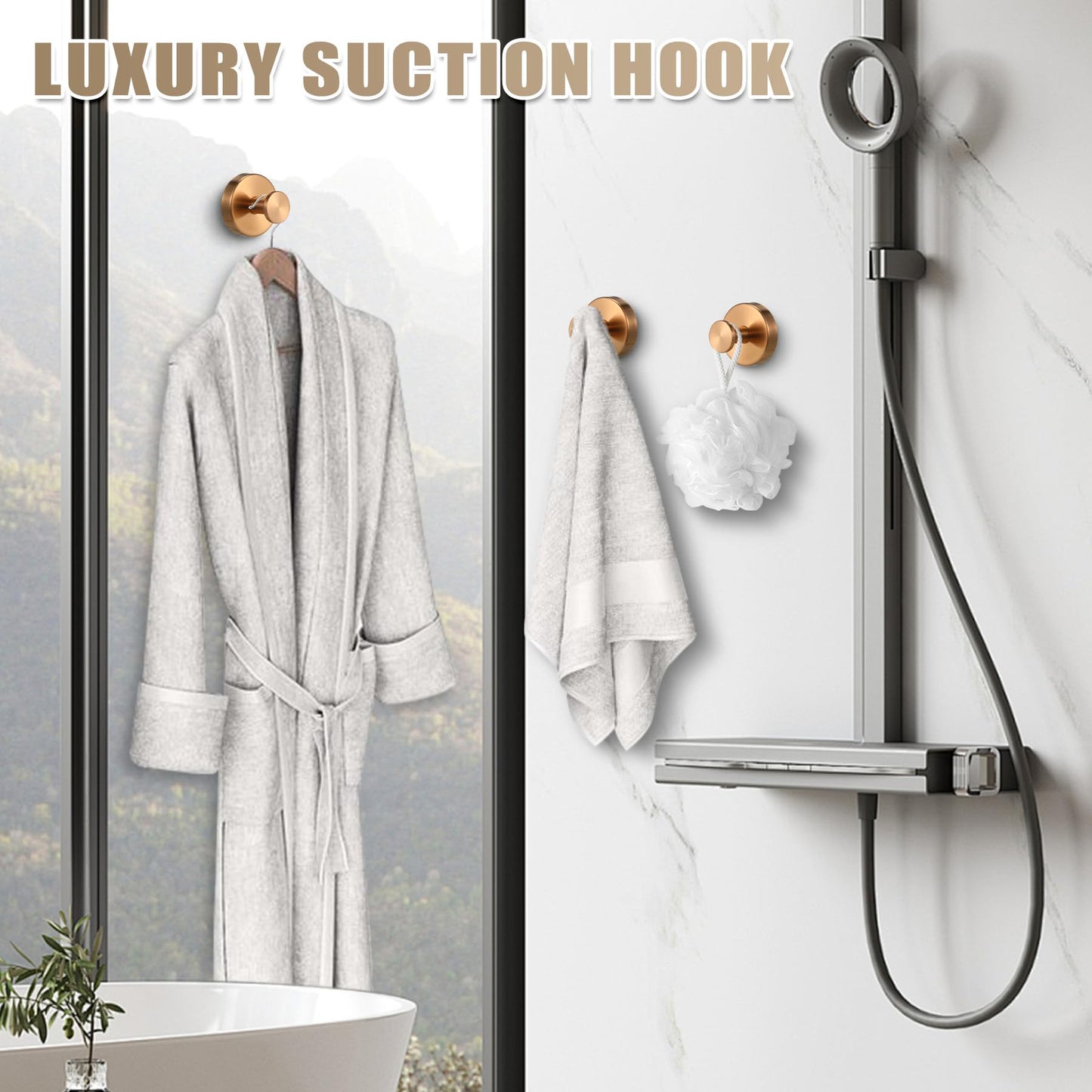 Fenas Suction Cup Hooks for Shower No-Drill Bathroom Hooks for Towels, Robes, Loofah Mountable on Bathroom Walls, Kitchen, Glass, Mirrors, Tile and Smooth,Non-Porous Surfaces (2, Champagne Bronze)